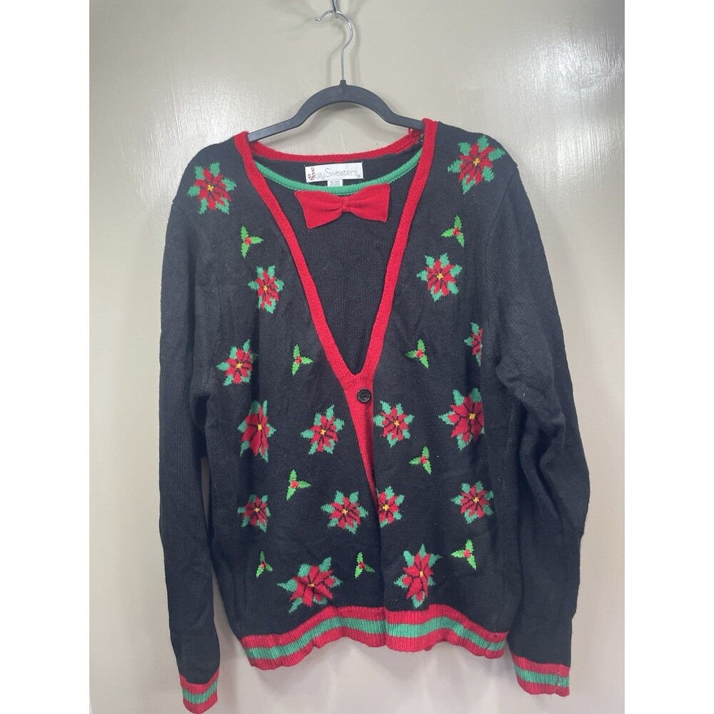 Jolly Sweaters Christmas Cardigan XL Black Poinsettia Faux Tuxedo Bowtie Vintage